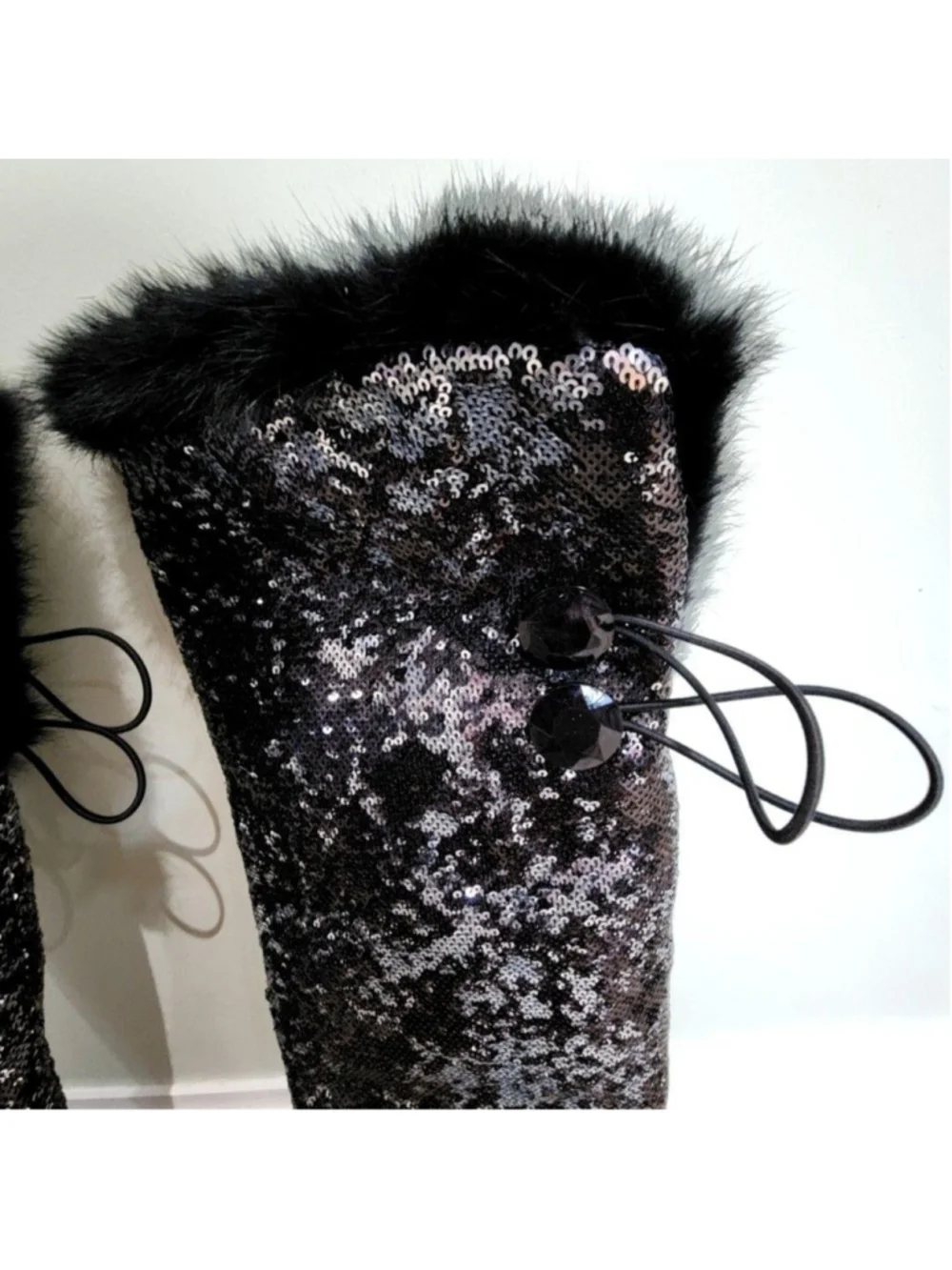 Sequin Snow Boots Womens 8 Black Over The Knee Faux Fur Wedge Winter Party